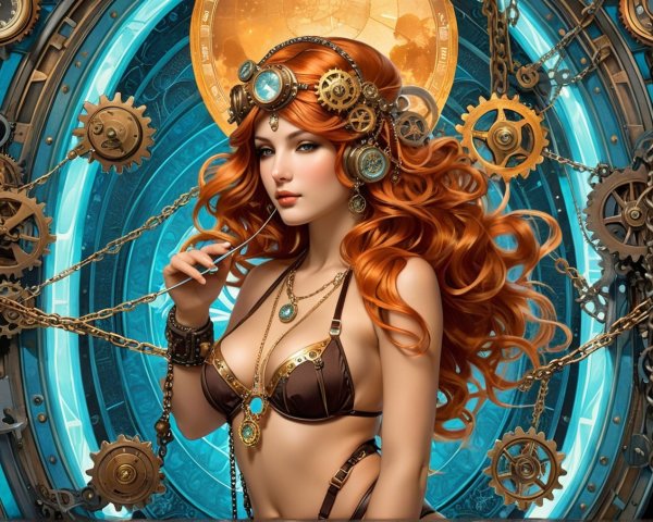 Female figure with red hair in steampunk setting