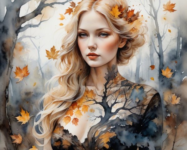 Portrait of a Woman Amid Autumn Leaves and Trees