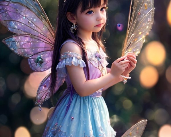 Whimsical Scene of Girl with Butterfly Wings in Forest