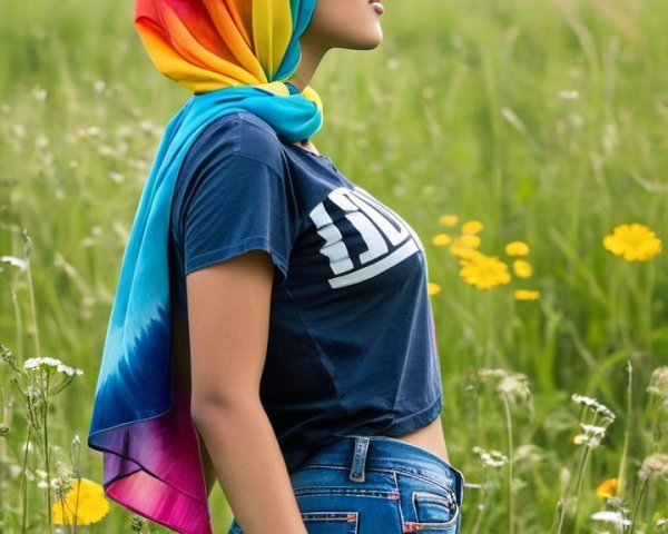 Young Woman in Wildflower Field with Rainbow Scarf