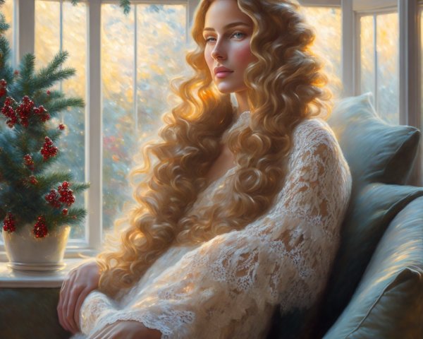 Young Woman in Lace Gown by Festive Window Light