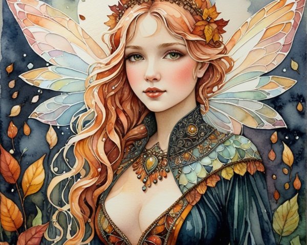 Fairy with Auburn Hair and Stained Glass Wings