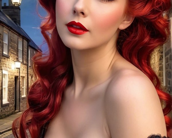 Vintage-style woman with red curls in nighttime scene