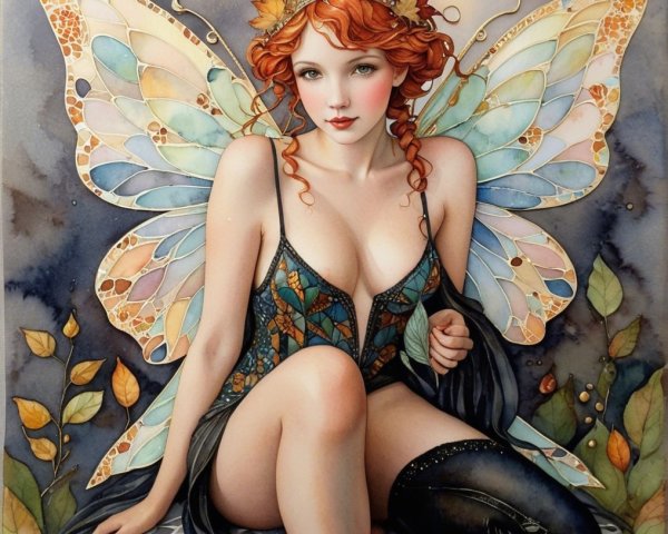 Whimsical Fairy with Orange Hair and Multicolored Wings