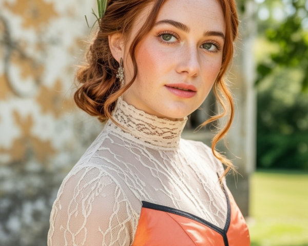 Elegant Portrait of a Woman in Orange Dress with Lavender