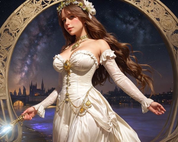 Elegant Woman in White Gown Against Starry Sky