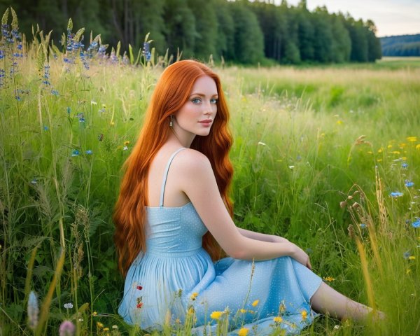 Young woman in meadow with wildflowers and sunlight