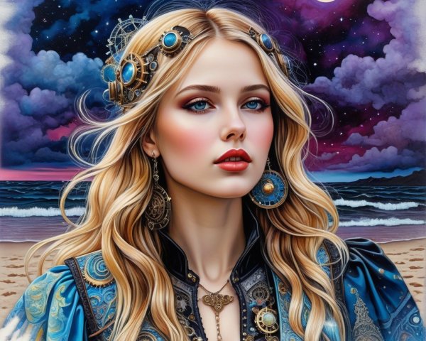 Mystical Woman by Shore Under Starry Night Sky