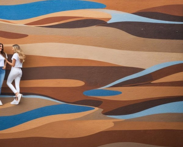 Young Women Conversing by Colorful Abstract Mural