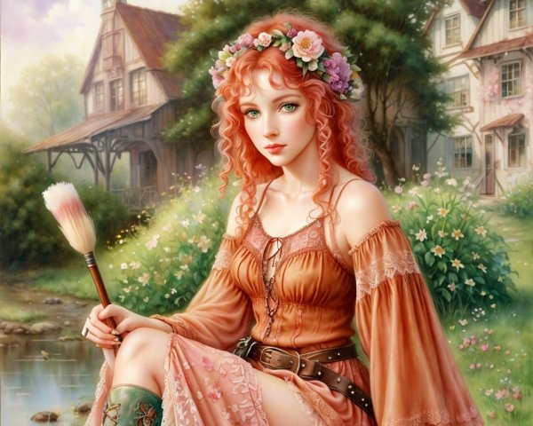 Young woman with red curls by a tranquil stream