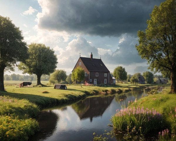 Tranquil Countryside Scene with House and Stream