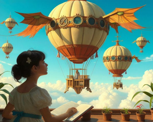 Girl Reading by Window with Fantastical Hot Air Balloons