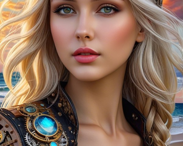 Young Woman in Leather Jacket at Sunset by Ocean