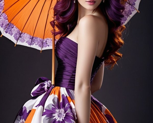 Glamorous Woman with Purple Hair and Orange Parasol