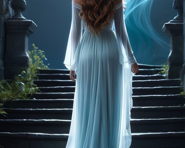Woman in light blue gown on stone steps with mist