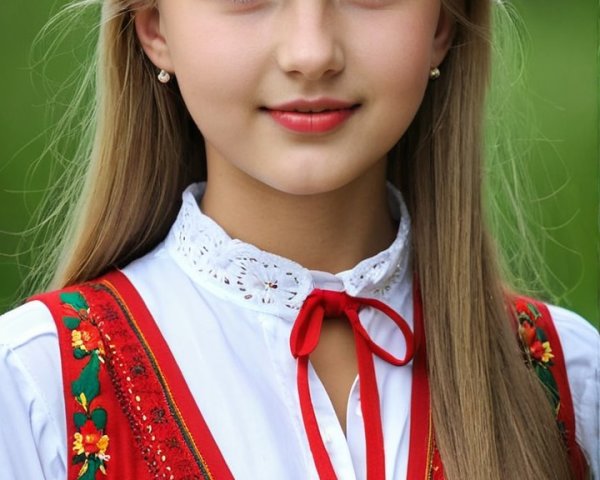 Young girl in traditional dress with yellow tulips