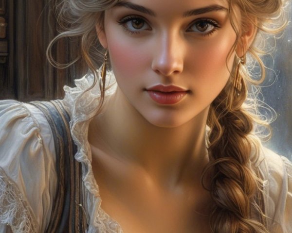 Elegant young woman in vintage lace dress with braid