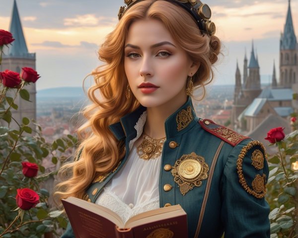 Regal woman in historical uniform with open book