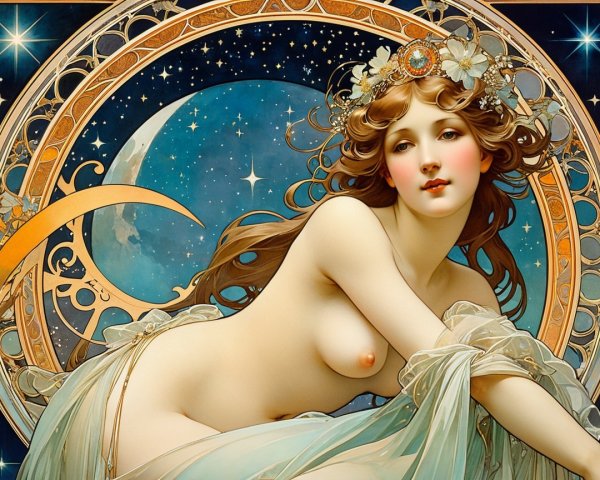 Elegant Woman in Ethereal Art Nouveau Setting