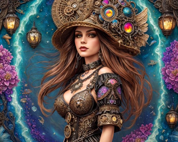 Steampunk-Inspired Woman with Colorful Floral Background
