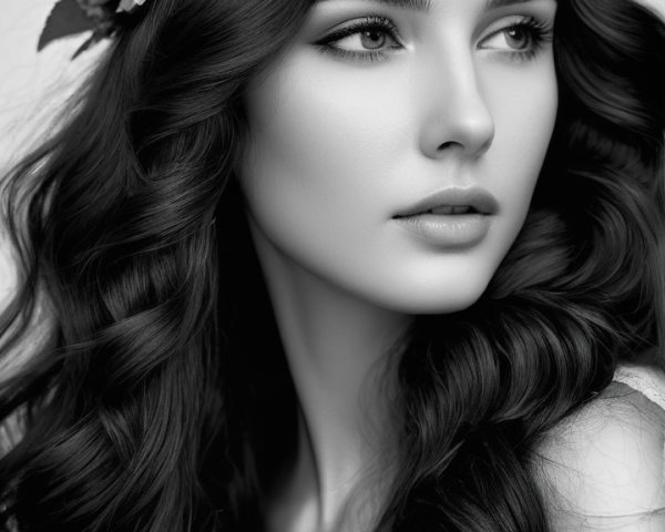 Black and White Portrait of a Young Woman with Curls
