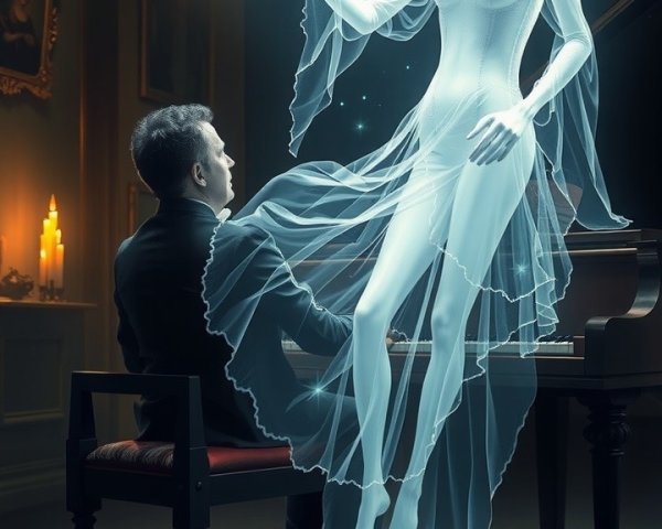 Ghostly Figure Above Grand Piano in Dimly Lit Room