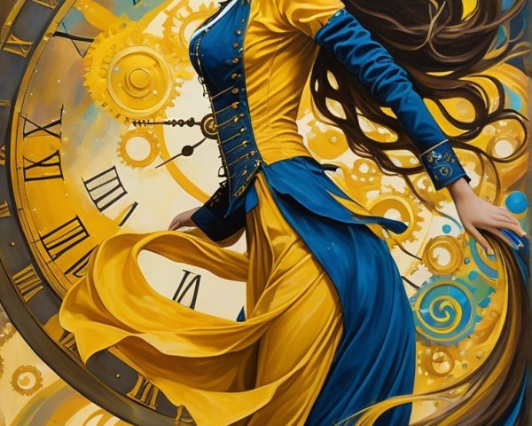 Woman in Flowing Blue and Yellow Dress Dancing Gracefully