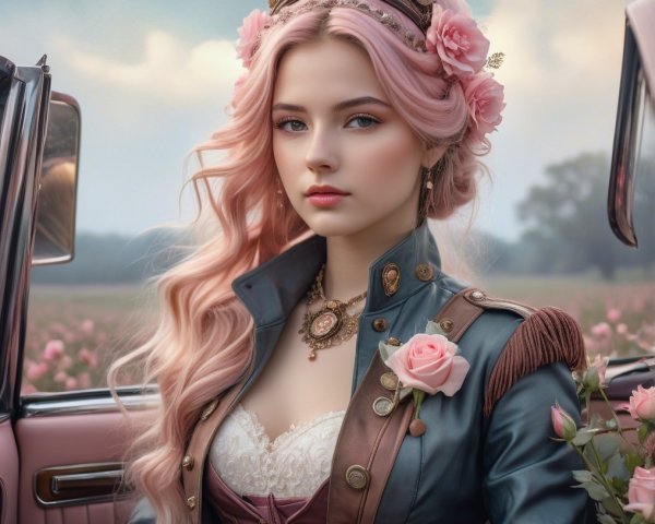 Young woman in vintage car with pink hair and roses