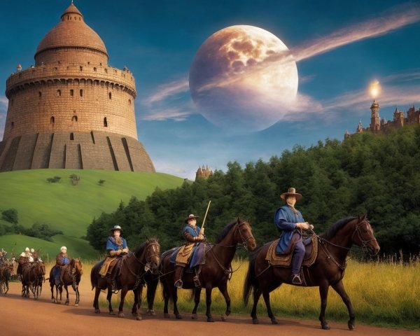 Mounted Figures in Historical Attire in Lush Landscape