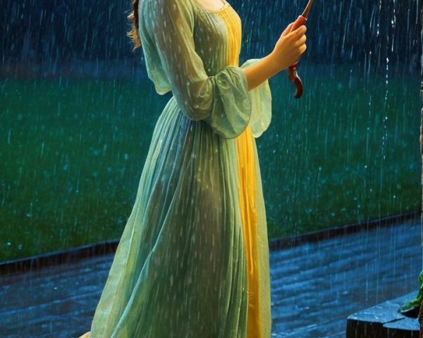 Young woman in pastel dress holding umbrella in rain