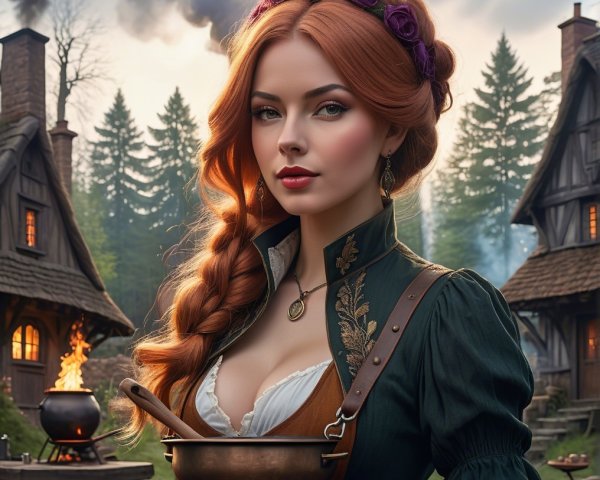 Woman with Red Hair and Cauldron in Enchanted Setting