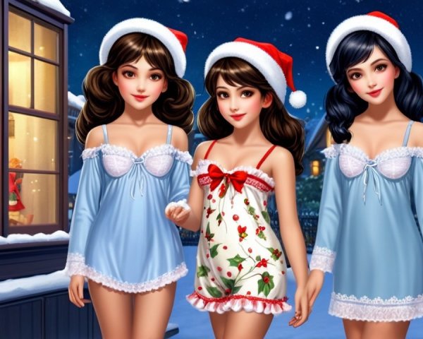 Young Women in Holiday Pajamas in Snowy Setting