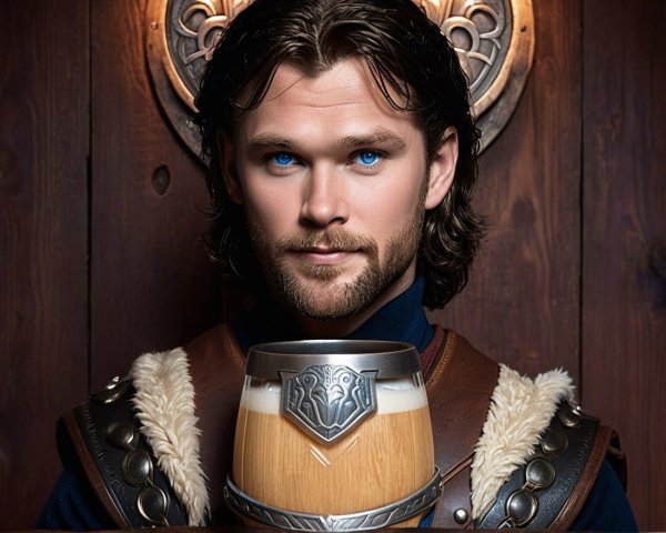 Young Man in Historical Leather Armor with Beer Stein