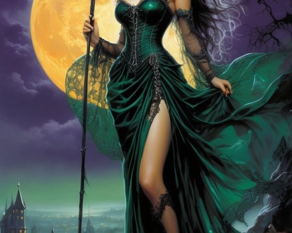 Ethereal Witch Portrait Under Full Moon and Jack-o'-Lanterns