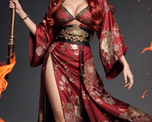 Deep Red Kimono with Floral and Skull Designs