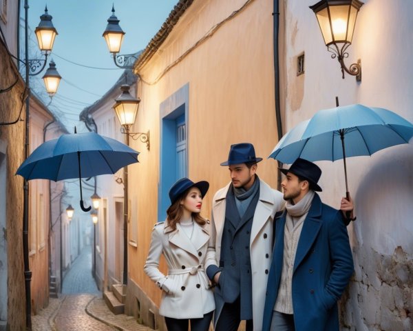 Friends Under Blue Umbrellas on a Foggy Street