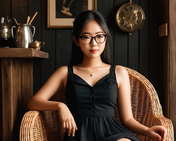 Young woman in black dress in vintage interior setting