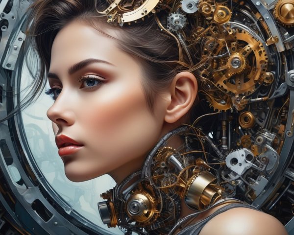 Futuristic Woman Surrounded by Metallic Machinery