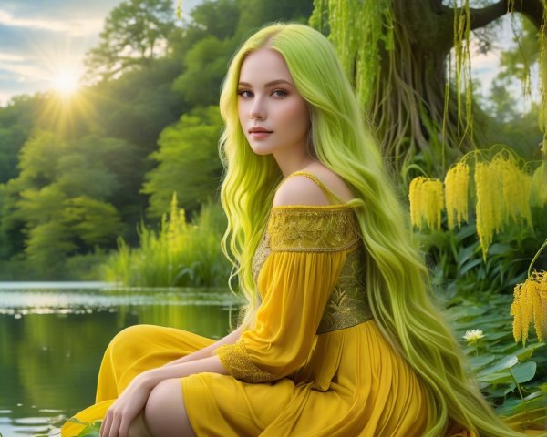 Young woman with green hair by serene lake