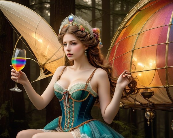 Young woman in corset by colorful lanterns in forest