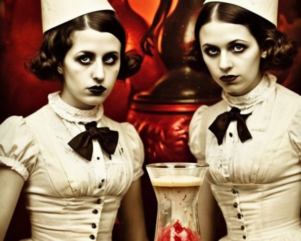 Vintage Figures in Dark Dresses with Haunting Expressions