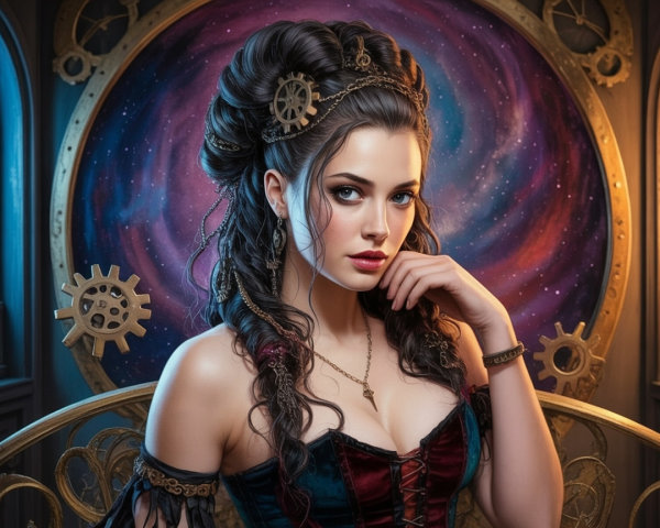 Young woman in steampunk attire with cosmic backdrop