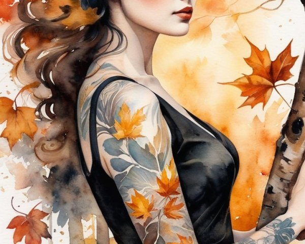 Watercolor Illustration of Woman Among Autumn Leaves