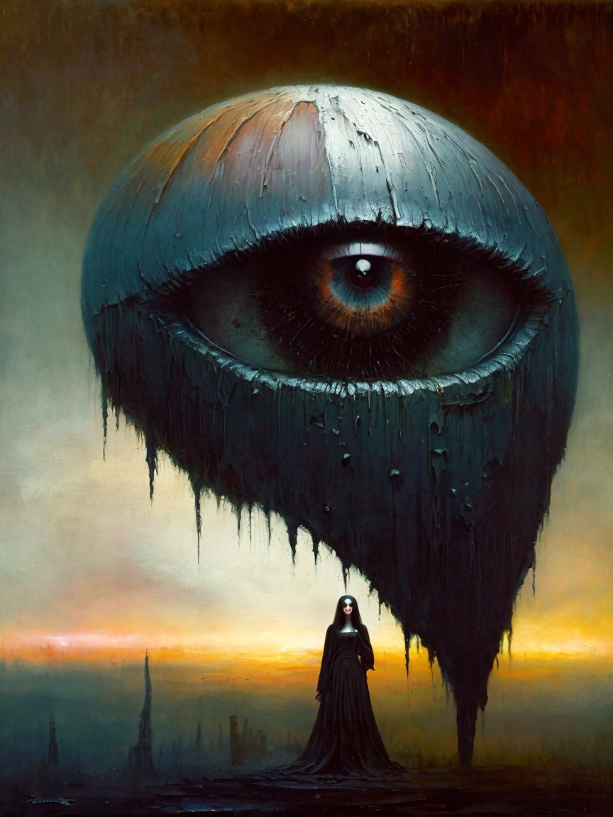 Surreal landscape with a massive eye and cloaked figure