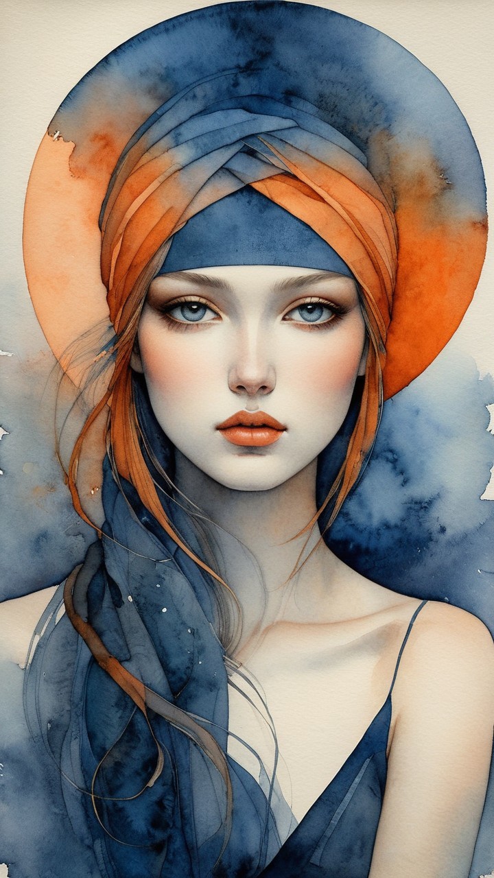 Watercolor Portrait of a Woman in Blue and Orange Hat