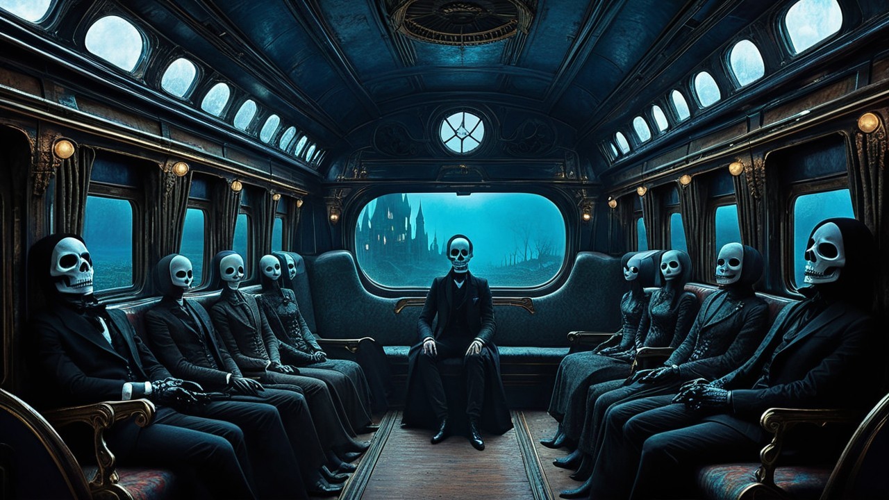 Skeletons in Formal Attire Inside Eerie Bus Setting