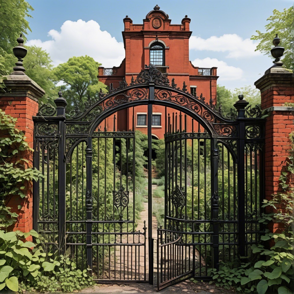 Ornate Black Iron Gate with Red Brick Building Background