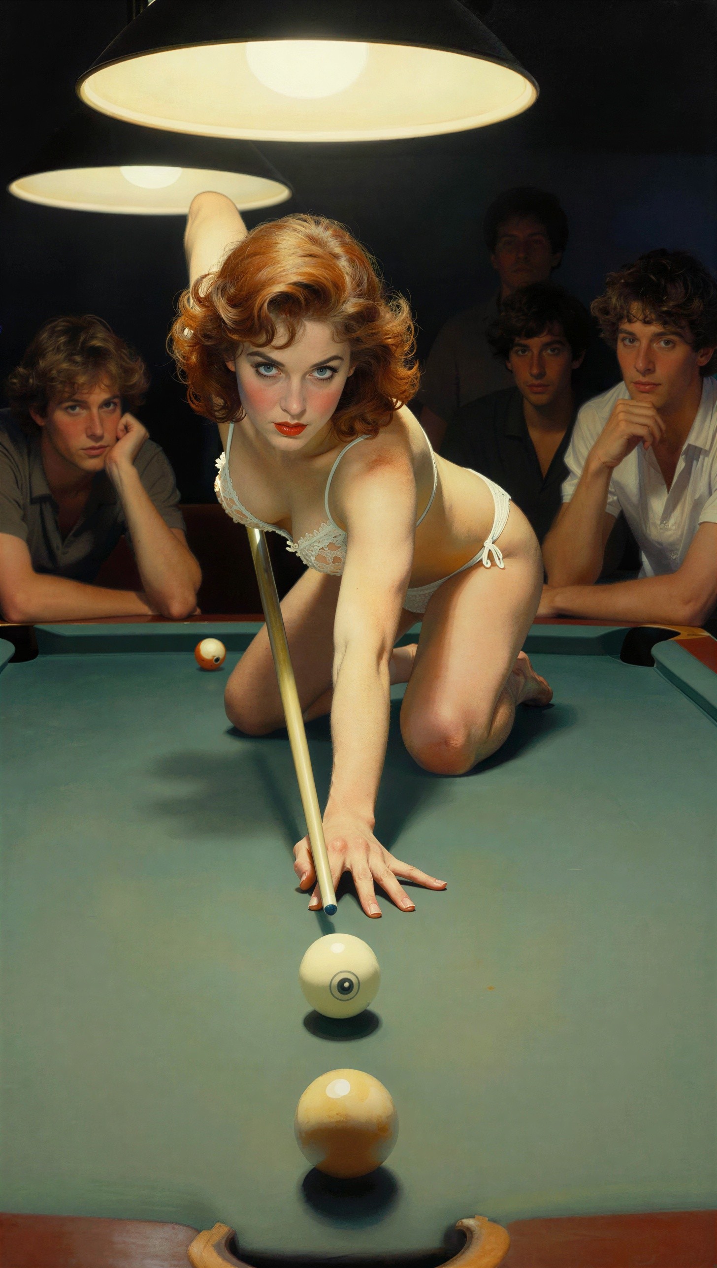 Young Woman in Dramatic Pose on Pool Table