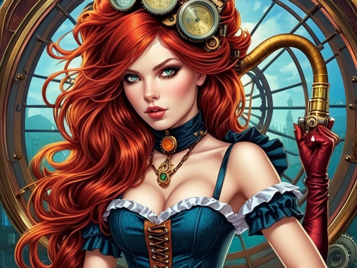 Steampunk Woman with Red Hair in Vintage Setting