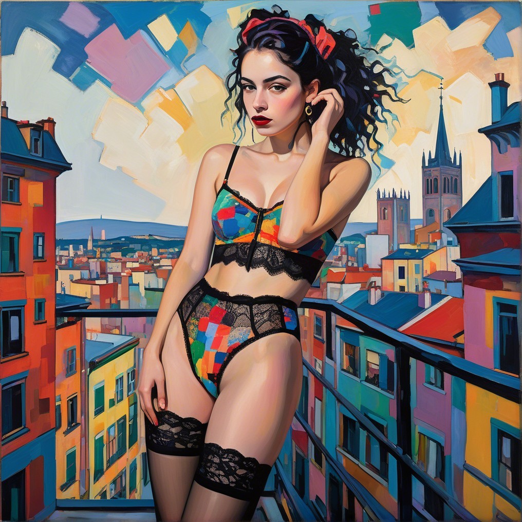 Stylized Painting of Woman in Colorful Lingerie